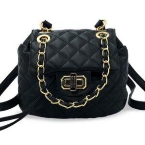 Badgley Mischka Black Quilted Backpack with Gold Chain